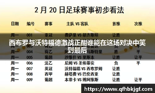 西布罗与沃特福德激战正酣谁能在这场对决中笑到最后